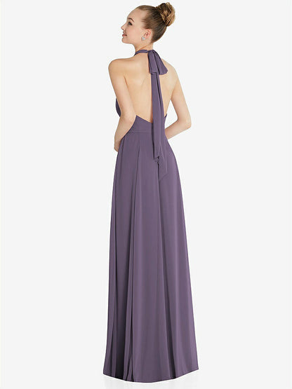 【STYLE: 6865】Halter Backless Maxi Dress with Crystal Button Ruffle Placket【COLOR: Lavender】