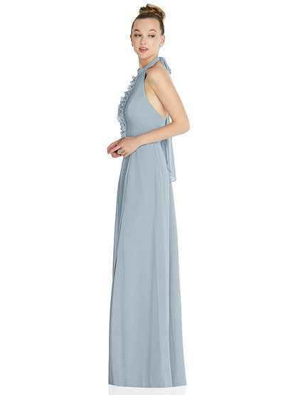 【NEW】【STYLE: 6865】ホルター バックレス マキシ ドレス クリスタル ボタン フリル プラケット【COLOR: Mist】【SIZE: 00-30W】
