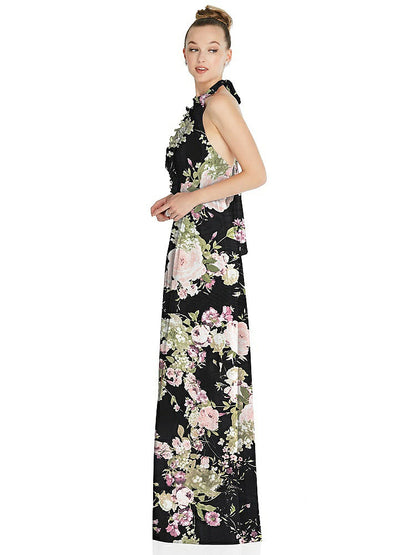 【NEW】【STYLE: 6865】ホルター バックレス マキシ ドレス クリスタル ボタン フリル プラケット【COLOR: Noir Garden】【SIZE: 00-30W】