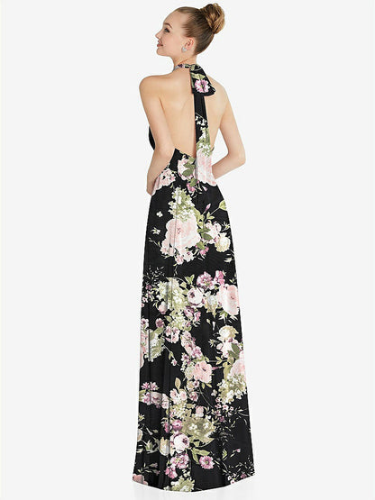 【NEW】【STYLE: 6865】ホルター バックレス マキシ ドレス クリスタル ボタン フリル プラケット【COLOR: Noir Garden】【SIZE: 00-30W】