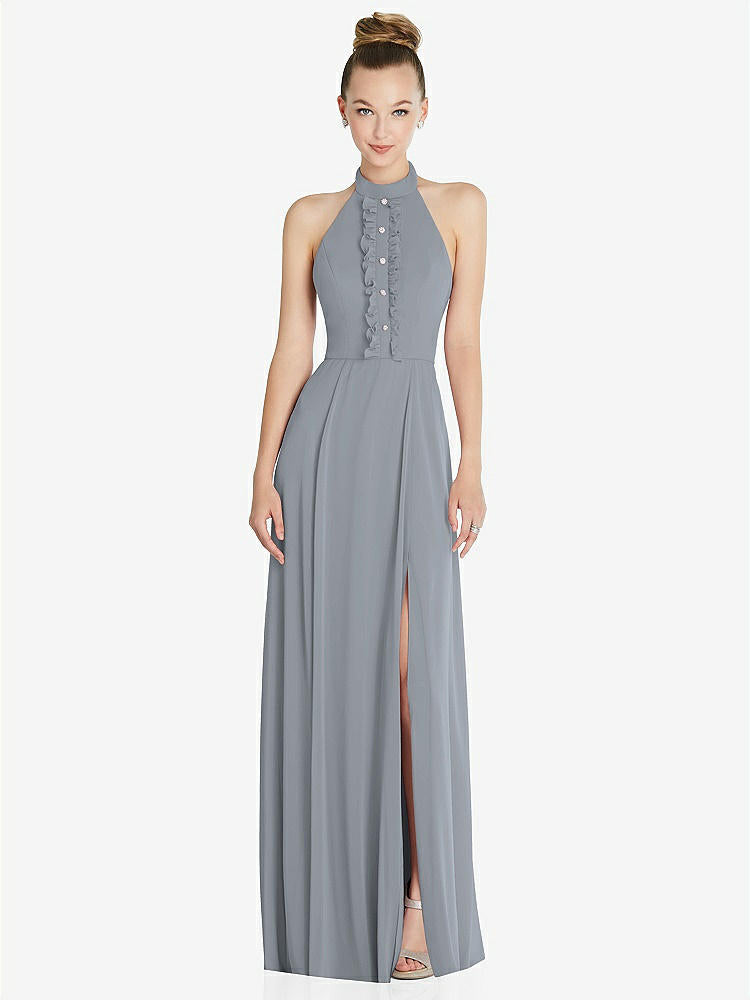 【NEW】【STYLE: 6865】ホルター バックレス マキシ ドレス クリスタル ボタン フリル プラケット【COLOR: Platinum】【SIZE: 00-30W】