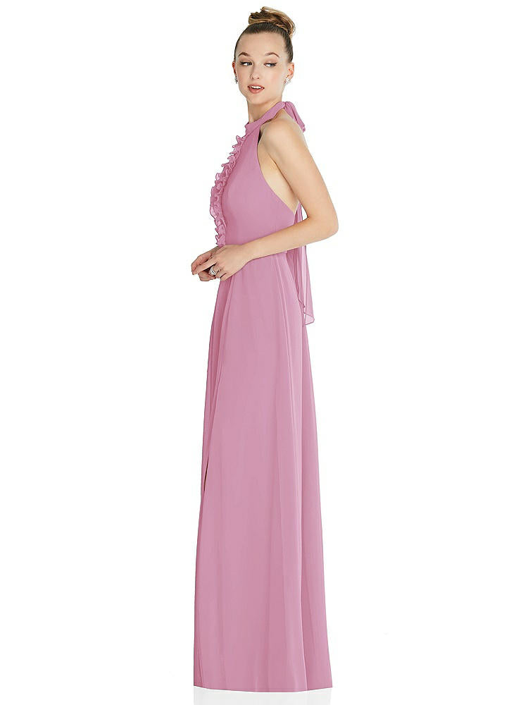 【NEW】【STYLE: 6865】ホルター バックレス マキシ ドレス クリスタル ボタン フリル プラケット【COLOR: Powder Pink】【SIZE: 00-30W】