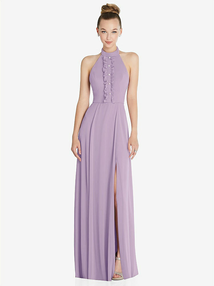 【NEW】【STYLE: 6865】ホルター バックレス マキシ ドレス クリスタル ボタン フリル プラケット【COLOR: Pale Purple】【SIZE: 00-30W】