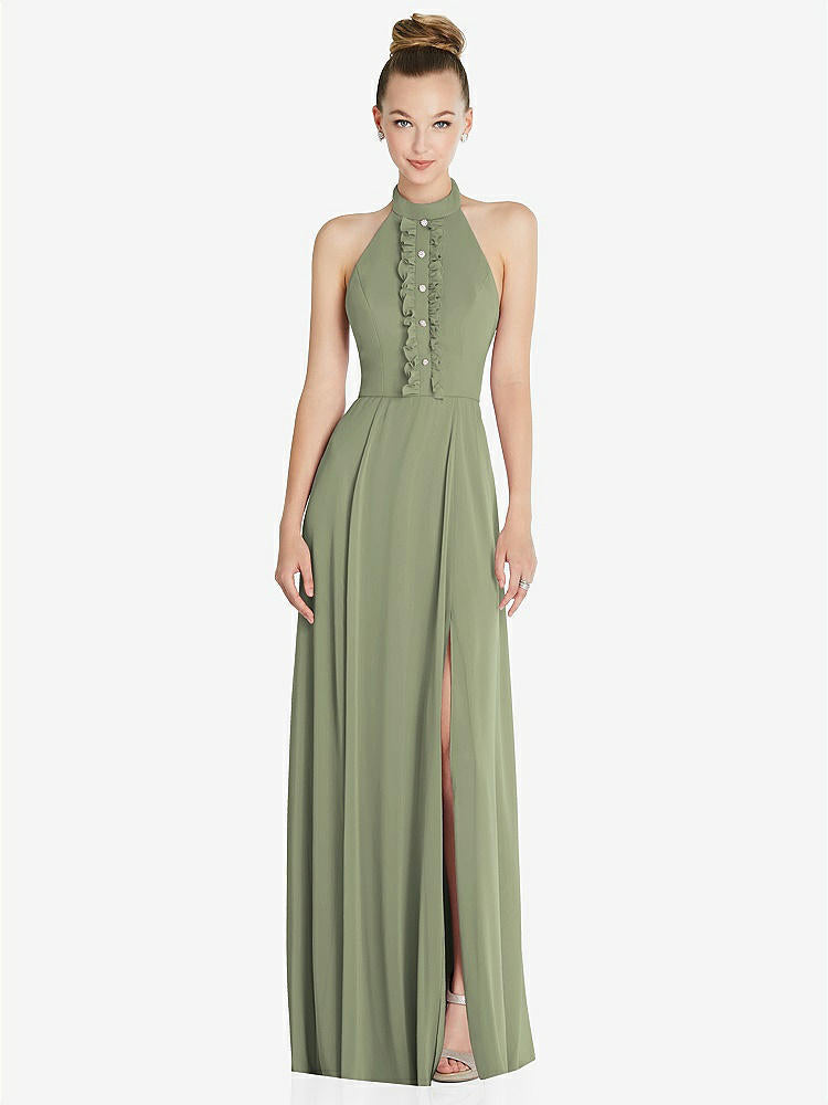 【STYLE: 6865】Halter Backless Maxi Dress with Crystal Button Ruffle Placket【COLOR: Sage】