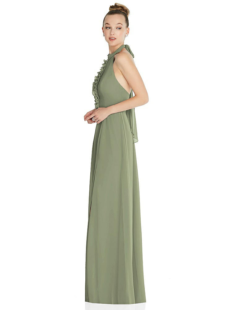 【STYLE: 6865】Halter Backless Maxi Dress with Crystal Button Ruffle Placket【COLOR: Sage】