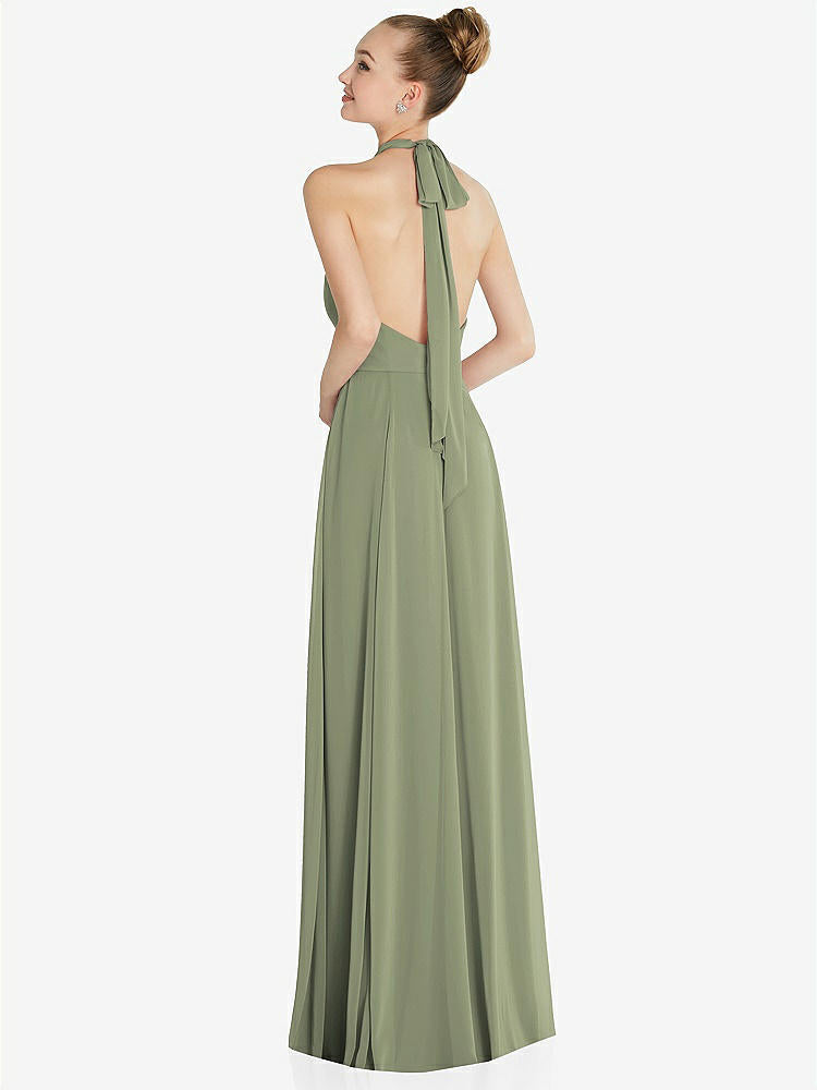 【STYLE: 6865】Halter Backless Maxi Dress with Crystal Button Ruffle Placket【COLOR: Sage】