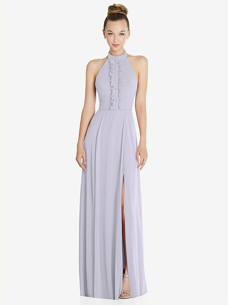 【NEW】【STYLE: 6865】ホルター バックレス マキシ ドレス クリスタル ボタン フリル プラケット【COLOR: Silver Dove】【SIZE: 00-30W】