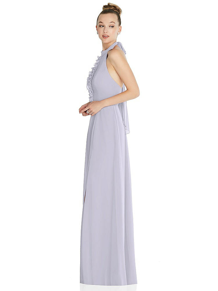 【NEW】【STYLE: 6865】ホルター バックレス マキシ ドレス クリスタル ボタン フリル プラケット【COLOR: Silver Dove】【SIZE: 00-30W】