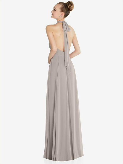 【NEW】【STYLE: 6865】ホルター バックレス マキシ ドレス クリスタル ボタン フリル プラケット【COLOR: Taupe】【SIZE: 00-30W】