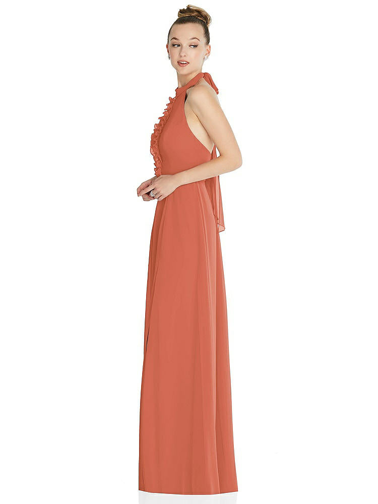 【NEW】【STYLE: 6865】ホルター バックレス マキシ ドレス クリスタル ボタン フリル プラケット【COLOR: Terracotta Copper】【SIZE: 00-30W】