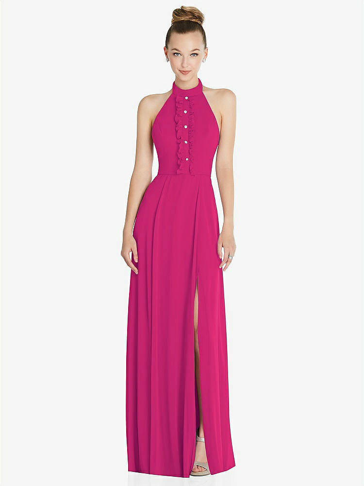【STYLE: 6865】Halter Backless Maxi Dress with Crystal Button Ruffle Placket【COLOR: Think Pink】