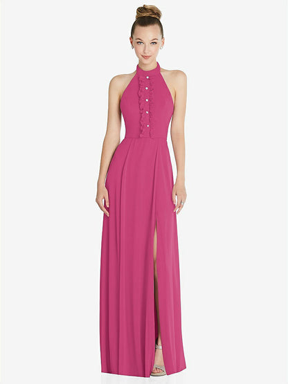 【STYLE: 6865】Halter Backless Maxi Dress with Crystal Button Ruffle Placket【COLOR: Tea Rose】