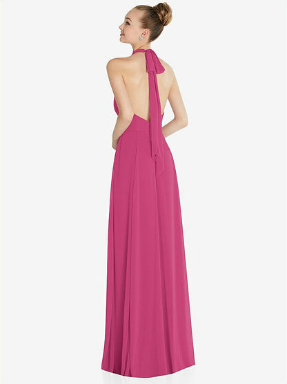 【STYLE: 6865】Halter Backless Maxi Dress with Crystal Button Ruffle Placket【COLOR: Tea Rose】