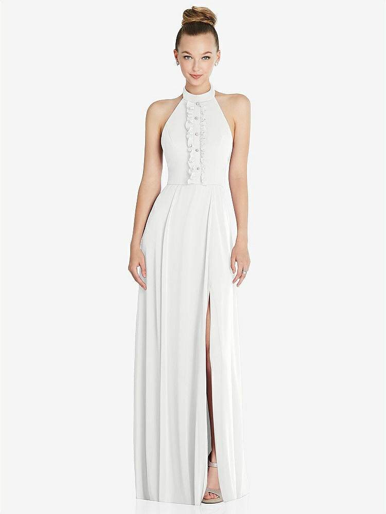【STYLE: 6865】Halter Backless Maxi Dress with Crystal Button Ruffle Placket【COLOR: White】
