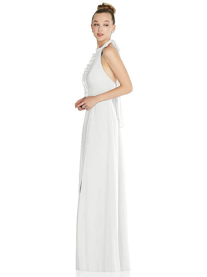 【STYLE: 6865】Halter Backless Maxi Dress with Crystal Button Ruffle Placket【COLOR: White】