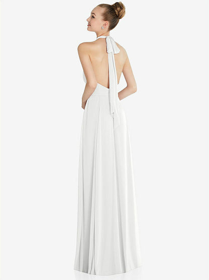 【STYLE: 6865】Halter Backless Maxi Dress with Crystal Button Ruffle Placket【COLOR: White】