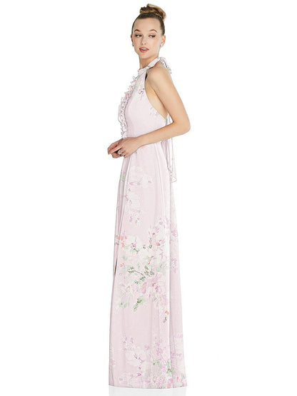 【NEW】【STYLE: 6865】ホルター バックレス マキシ ドレス クリスタル ボタン フリル プラケット【COLOR: Watercolor Print】【SIZE: 00-30W】