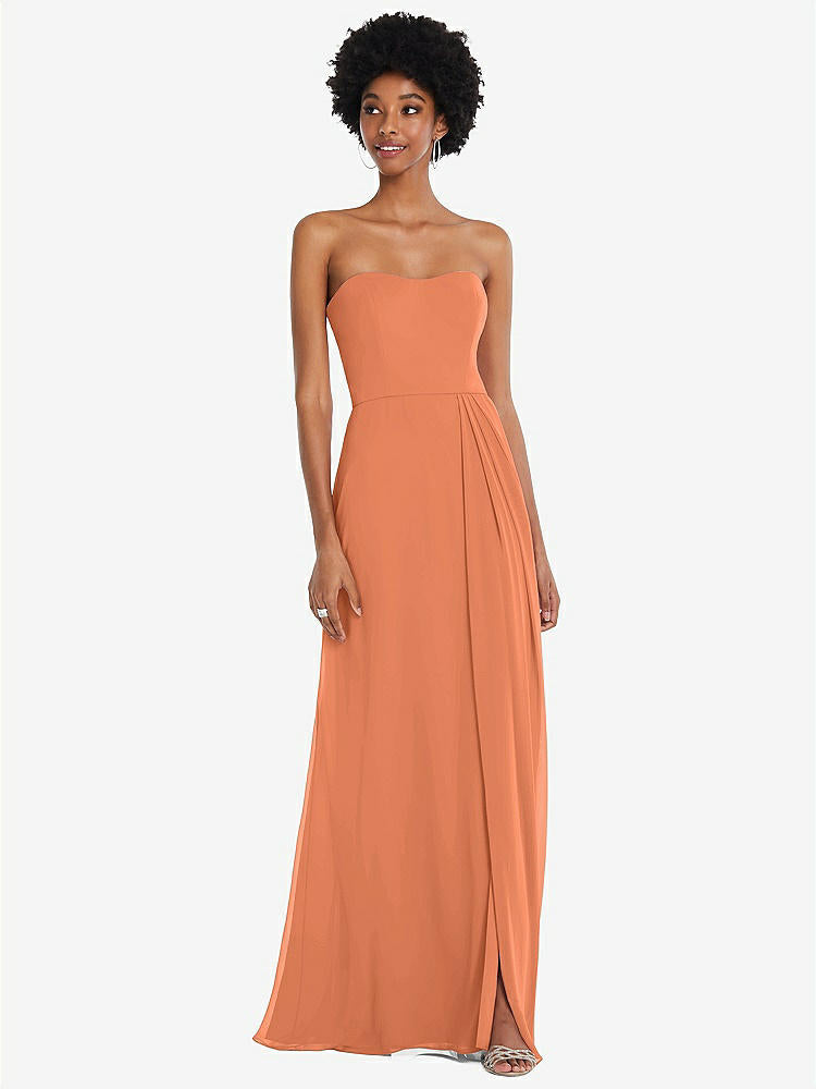 【STYLE: 1563】Strapless Sweetheart Maxi Dress with Pleated Front Slit 【COLOR: Sweet Melon】