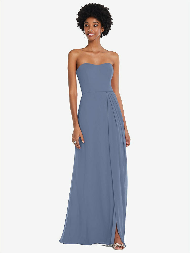 【STYLE: 1563】Strapless Sweetheart Maxi Dress with Pleated Front Slit 【COLOR: Larkspur Blue】