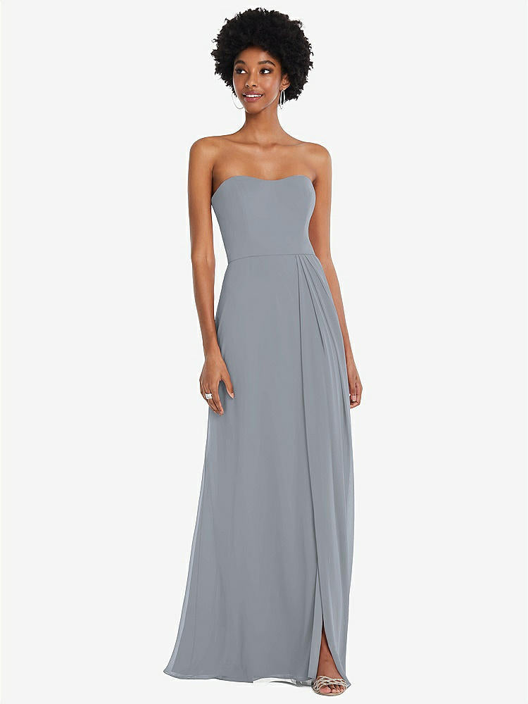 【STYLE: 1563】Strapless Sweetheart Maxi Dress with Pleated Front Slit 【COLOR: Platinum】