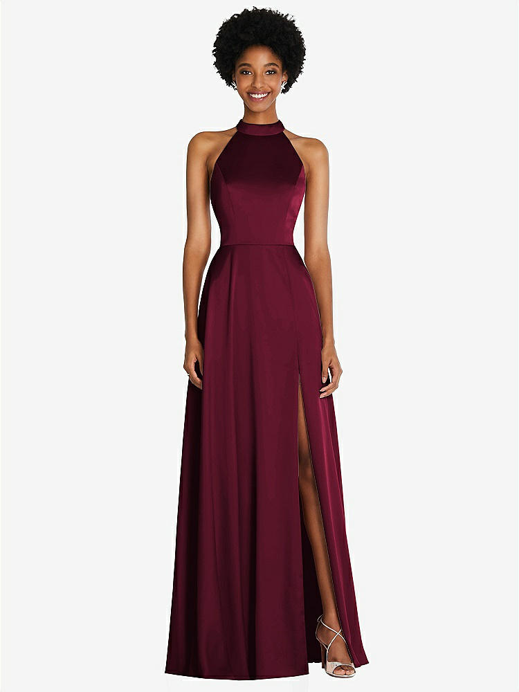 【STYLE: TH090】Stand Collar Cutout Tie Back Maxi Dress with Front Slit【COLOR: Cabernet】
