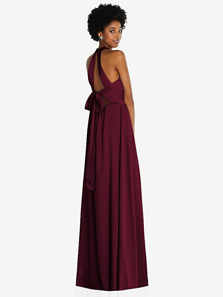 【STYLE: TH090】Stand Collar Cutout Tie Back Maxi Dress with Front Slit【COLOR: Cabernet】