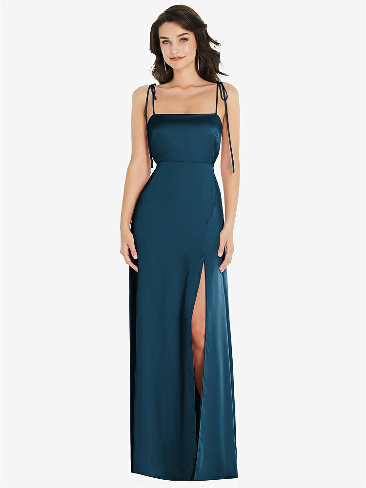 【STYLE: 8214】Skinny Tie-Shoulder Satin Maxi Dress with Front Slit【COLOR: Atlantic Blue】
