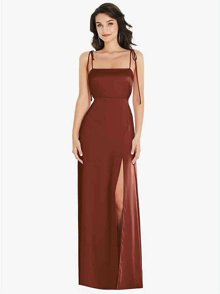 【STYLE: 8214】Skinny Tie-Shoulder Satin Maxi Dress with Front Slit【COLOR: Auburn Moon】