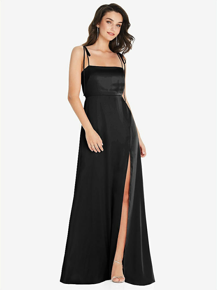 【STYLE: 8214】Skinny Tie-Shoulder Satin Maxi Dress with Front Slit【COLOR: Black】