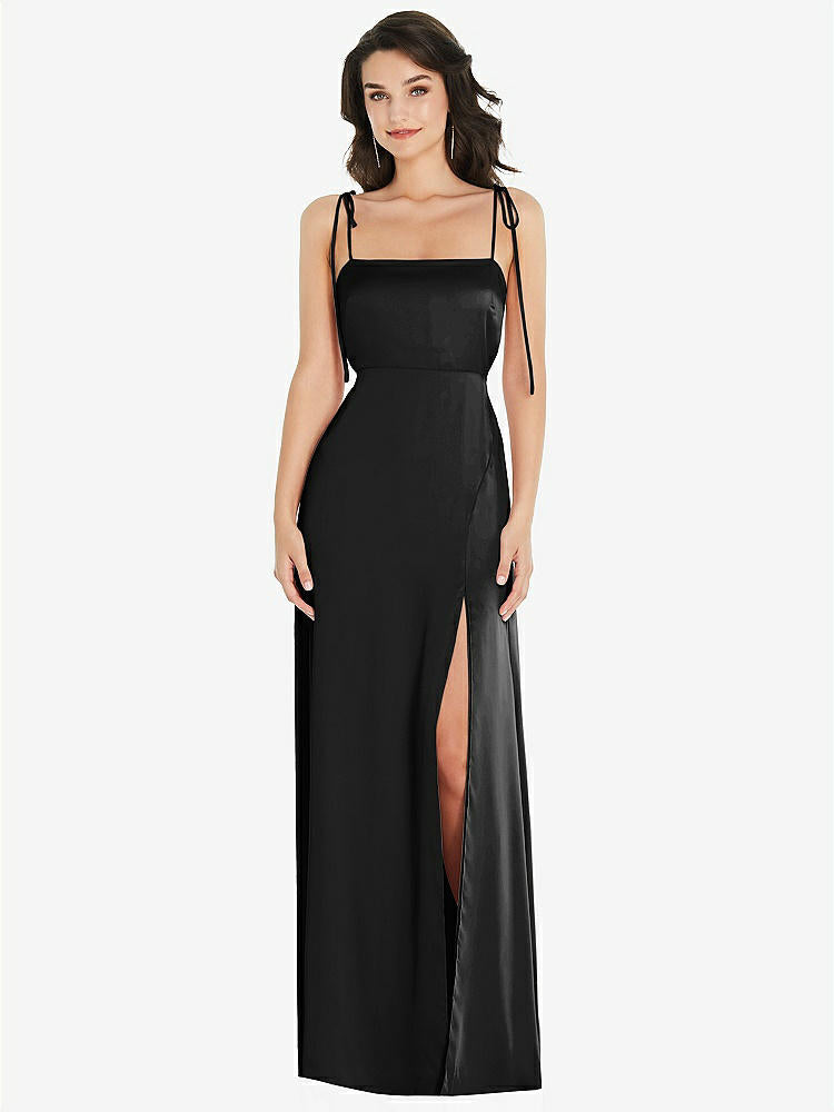 【STYLE: 8214】Skinny Tie-Shoulder Satin Maxi Dress with Front Slit【COLOR: Black】