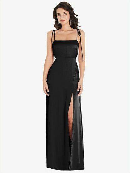 【STYLE: 8214】Skinny Tie-Shoulder Satin Maxi Dress with Front Slit【COLOR: Black】