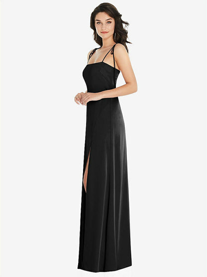 【STYLE: 8214】Skinny Tie-Shoulder Satin Maxi Dress with Front Slit【COLOR: Black】