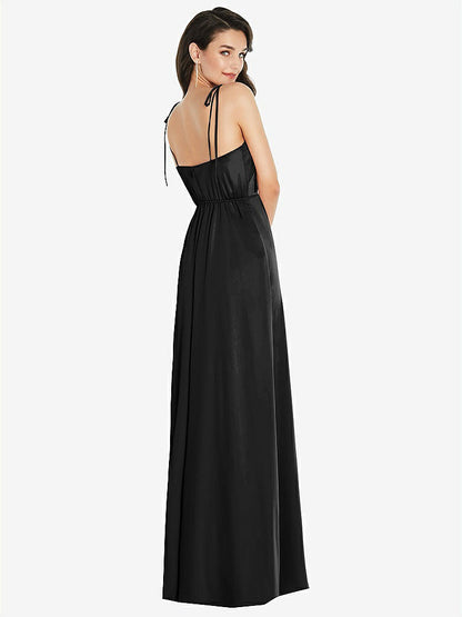 【STYLE: 8214】Skinny Tie-Shoulder Satin Maxi Dress with Front Slit【COLOR: Black】