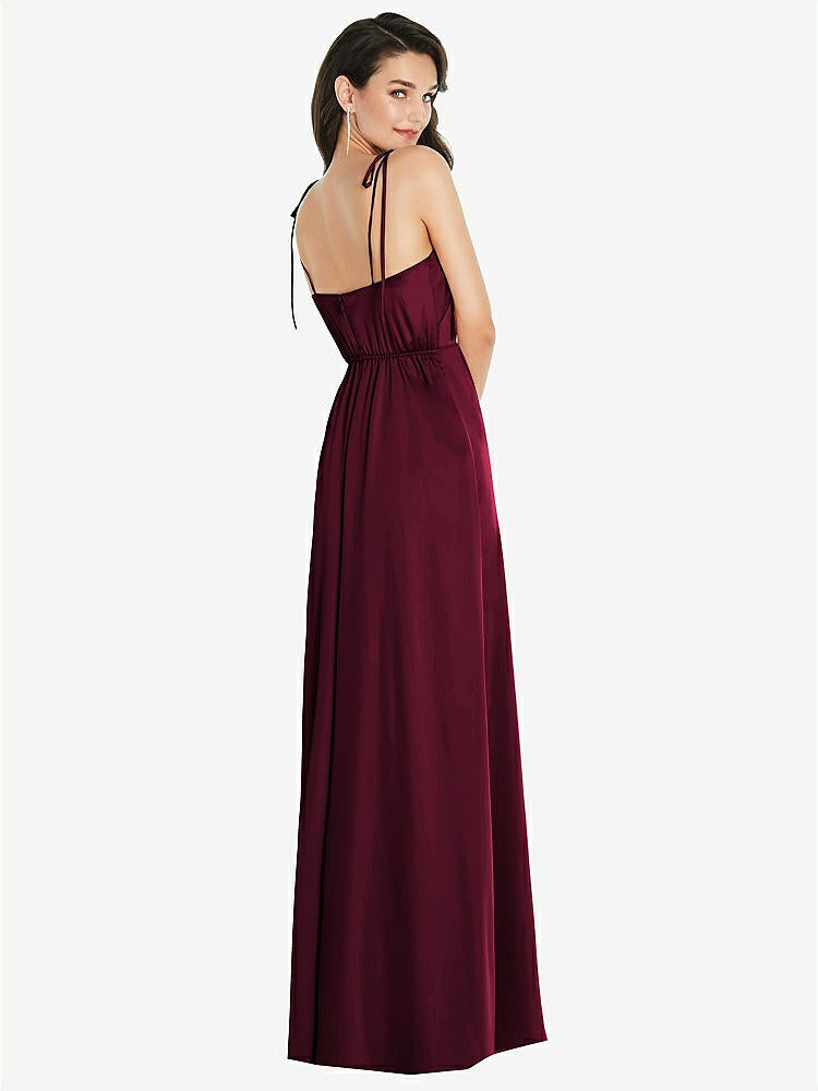 【NEW】【STYLE: 8214】スキニー タイショルダー サテン マキシ ドレス 前面 スリット【COLOR: Cabernet】【SIZE: 00-30W】