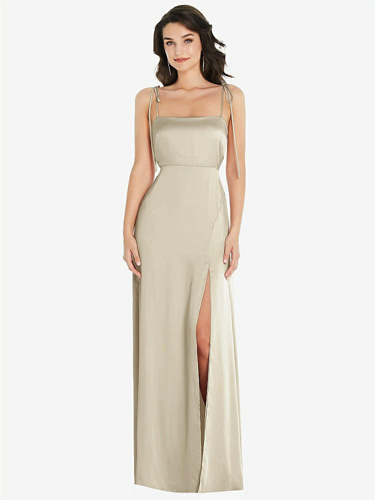 【STYLE: 8214】Skinny Tie-Shoulder Satin Maxi Dress with Front Slit【COLOR: Champagne】