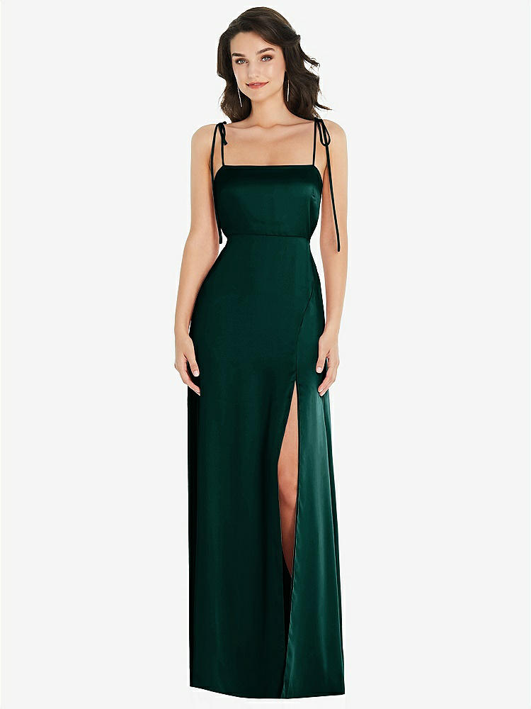 【STYLE: 8214】Skinny Tie-Shoulder Satin Maxi Dress with Front Slit【COLOR: Evergreen】