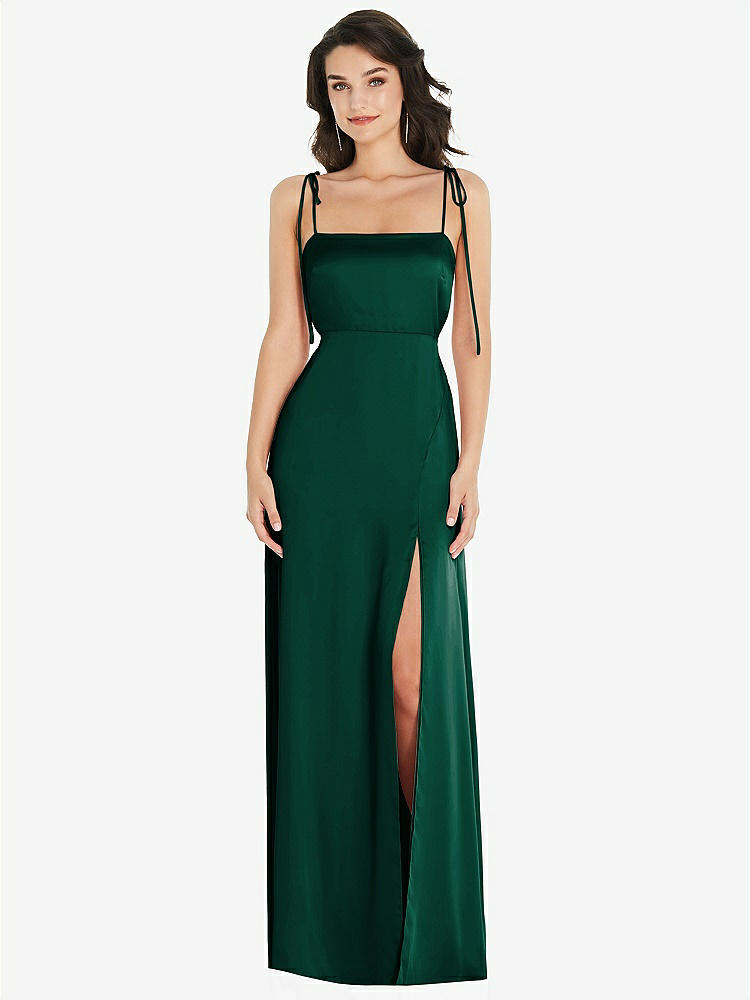 【STYLE: 8214】Skinny Tie-Shoulder Satin Maxi Dress with Front Slit【COLOR: Hunter Green】