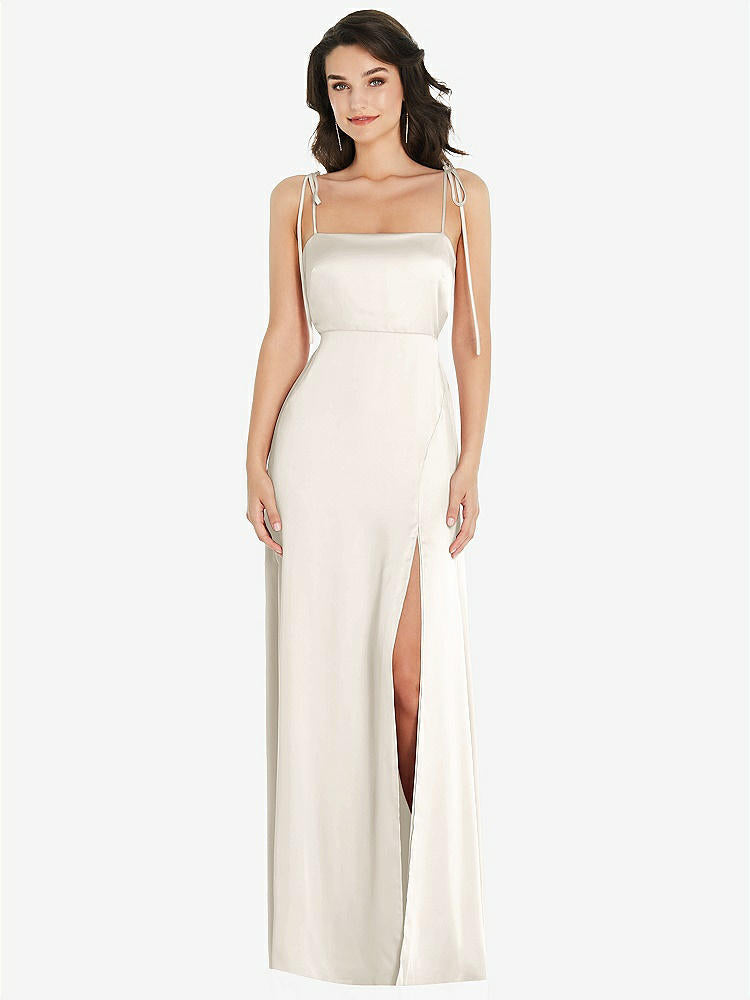 【STYLE: 8214】Skinny Tie-Shoulder Satin Maxi Dress with Front Slit【COLOR: Ivory】