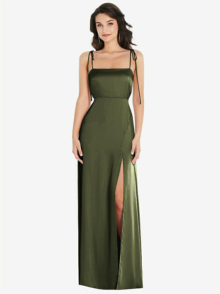 【STYLE: 8214】Skinny Tie-Shoulder Satin Maxi Dress with Front Slit【COLOR: Olive Green】