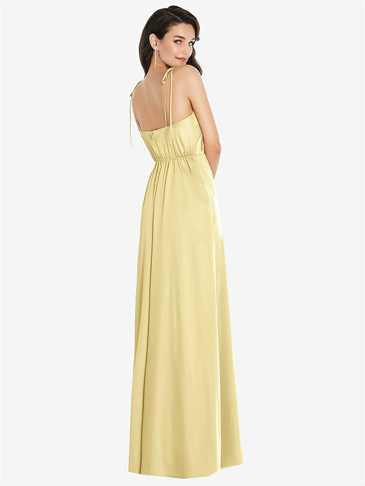 【NEW】【STYLE: 8214】スキニー タイショルダー サテン マキシ ドレス 前面 スリット【COLOR: Pale Yellow】【SIZE: 00-30W】