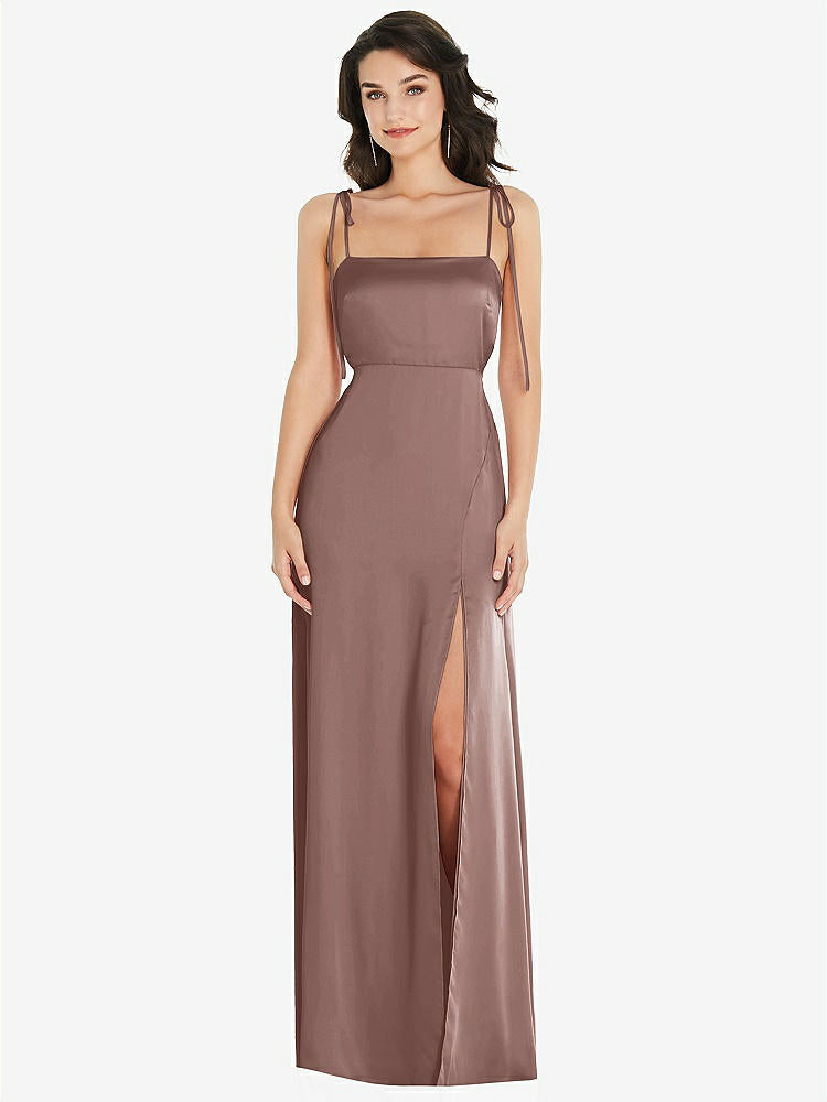【STYLE: 8214】Skinny Tie-Shoulder Satin Maxi Dress with Front Slit【COLOR: Sienna】
