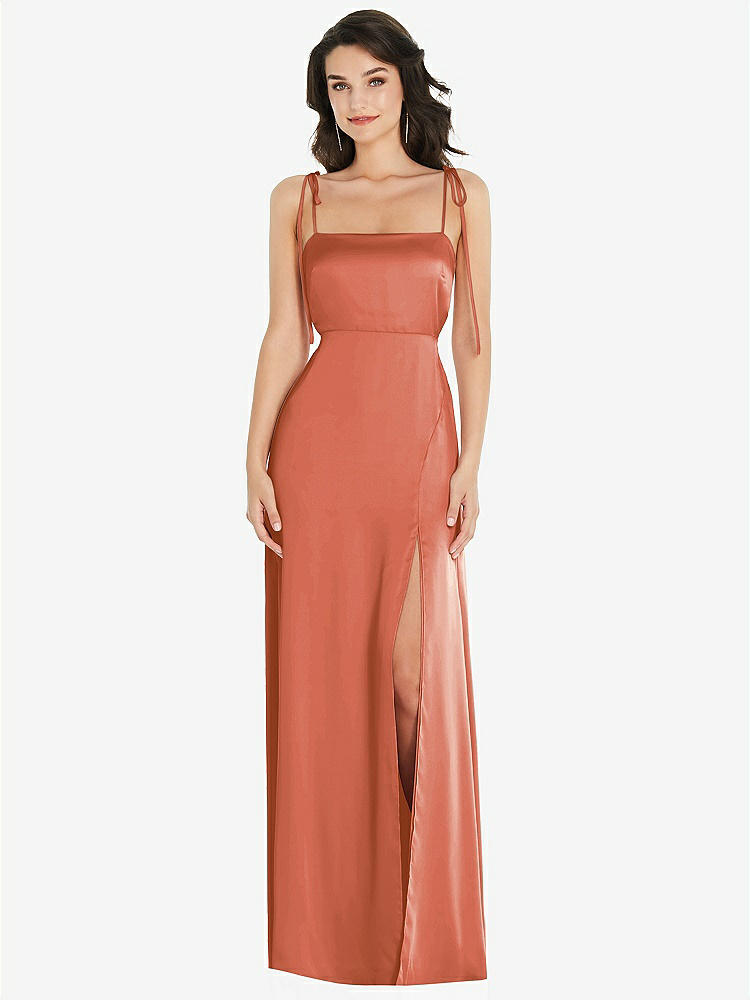 【STYLE: 8214】Skinny Tie-Shoulder Satin Maxi Dress with Front Slit【COLOR: Terracotta Copper】