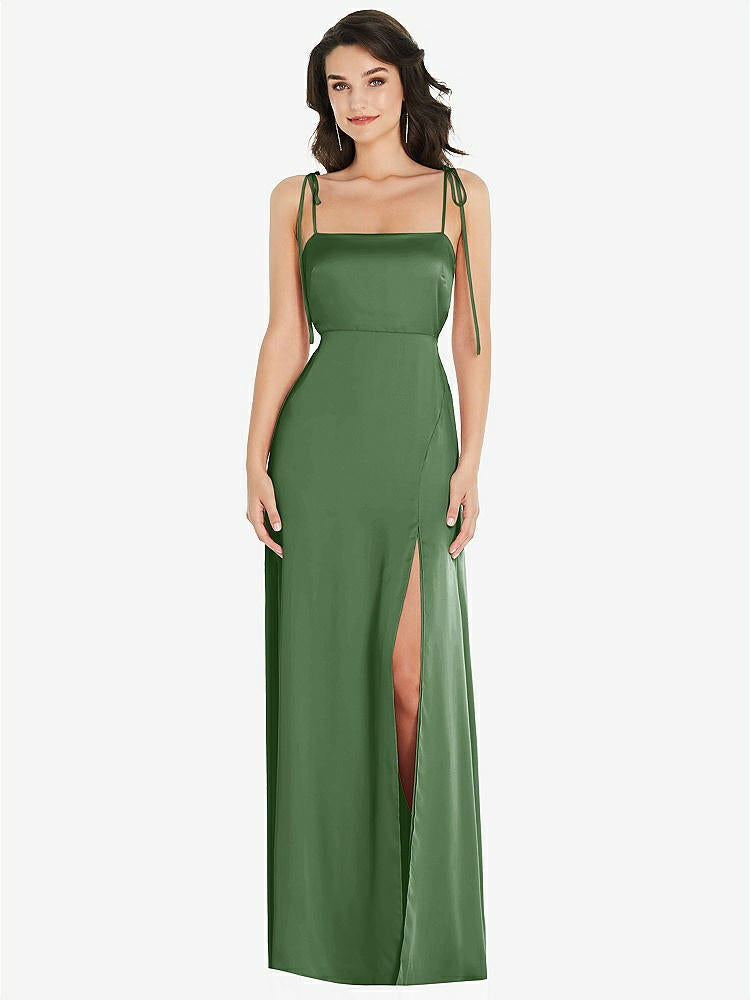 【STYLE: 8214】Skinny Tie-Shoulder Satin Maxi Dress with Front Slit【COLOR: Vineyard Green】
