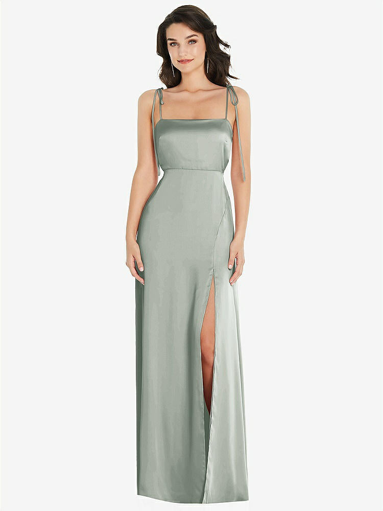 【STYLE: 8214】Skinny Tie-Shoulder Satin Maxi Dress with Front Slit【COLOR: Willow Green】