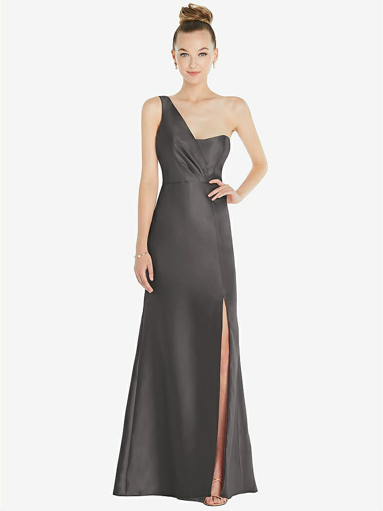 【STYLE: D827】Draped One-Shoulder Satin Trumpet Gown with Front Slit【COLOR: Caviar Gray】