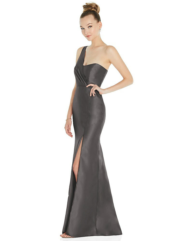 【STYLE: D827】Draped One-Shoulder Satin Trumpet Gown with Front Slit【COLOR: Caviar Gray】