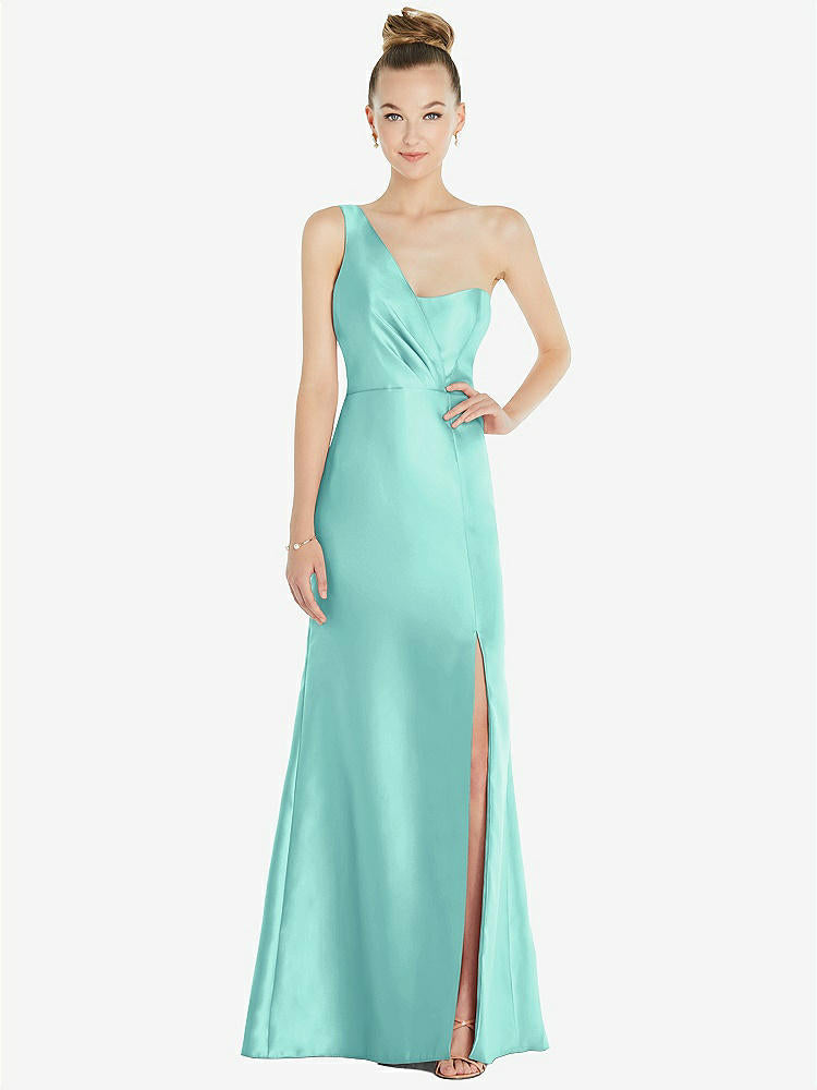 【STYLE: D827】Draped One-Shoulder Satin Trumpet Gown with Front Slit【COLOR: Coastal】