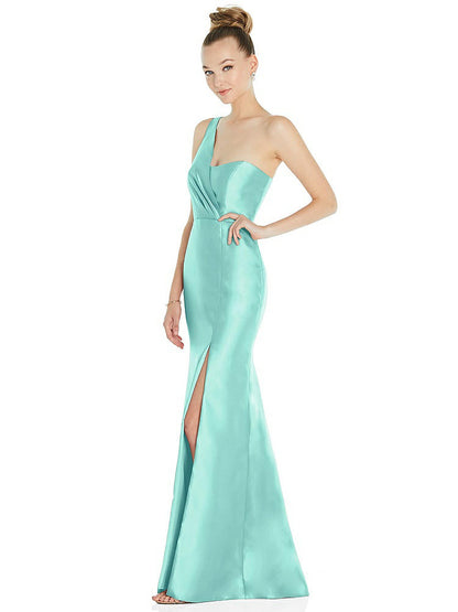 【STYLE: D827】Draped One-Shoulder Satin Trumpet Gown with Front Slit【COLOR: Coastal】