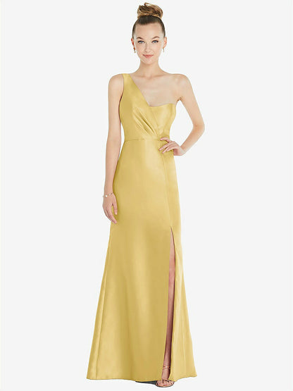 【STYLE: D827】Draped One-Shoulder Satin Trumpet Gown with Front Slit【COLOR: Maize】