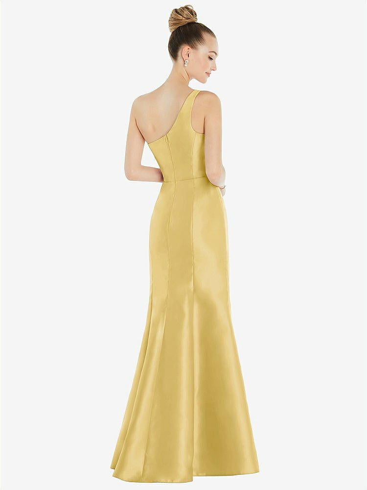 【STYLE: D827】Draped One-Shoulder Satin Trumpet Gown with Front Slit【COLOR: Maize】